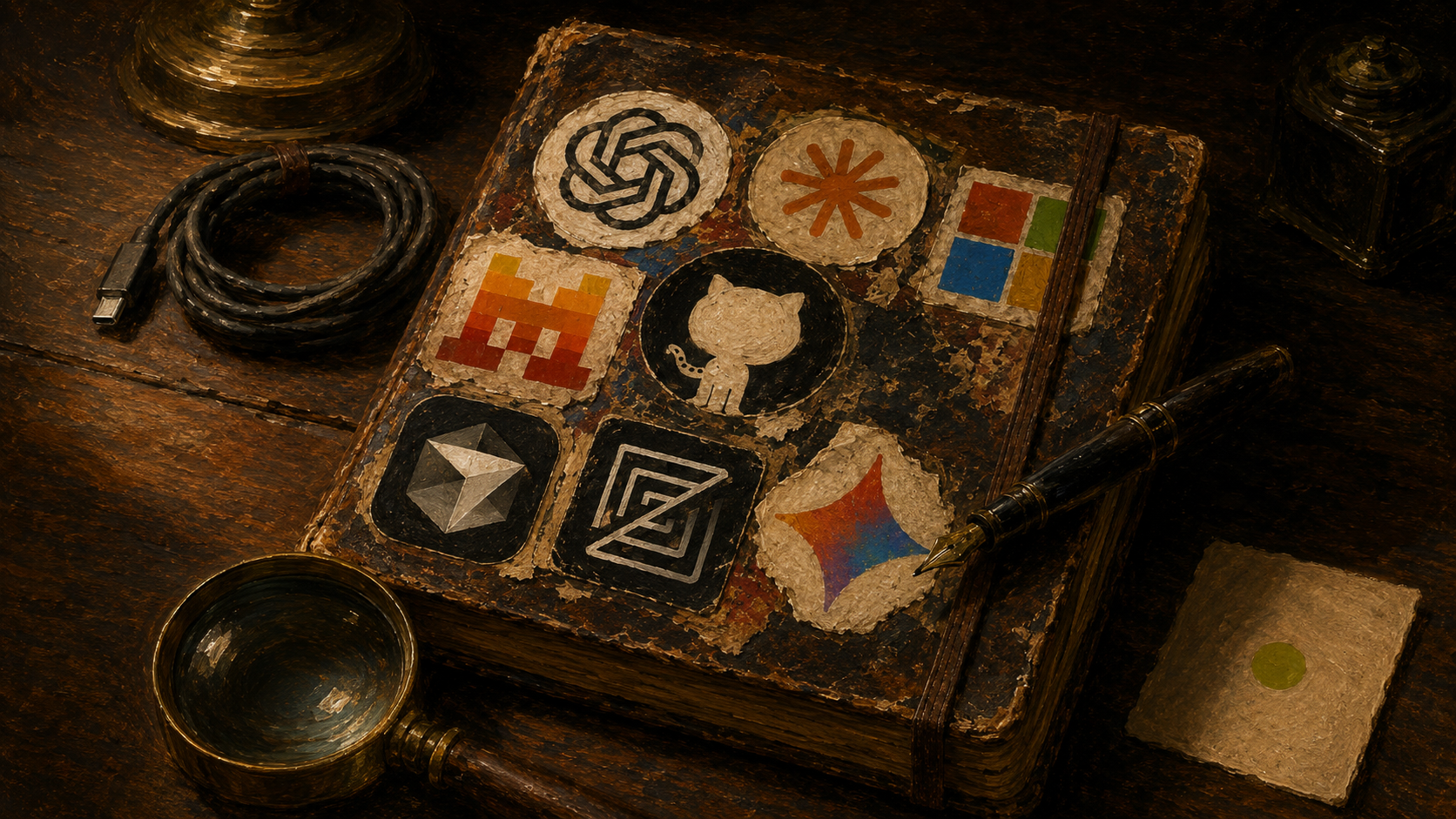 A painted still-life of a leather-bound notebook with logos for OpenAI, Anthropic, Microsoft, Mistral, GitHub, Cursor, Zed, and Google Gemini arranged across its cover, on a worn wooden desk with a brass magnifying glass, a coiled USB cable, a fountain pen, and an ivory card bearing a single lime-green dot.
