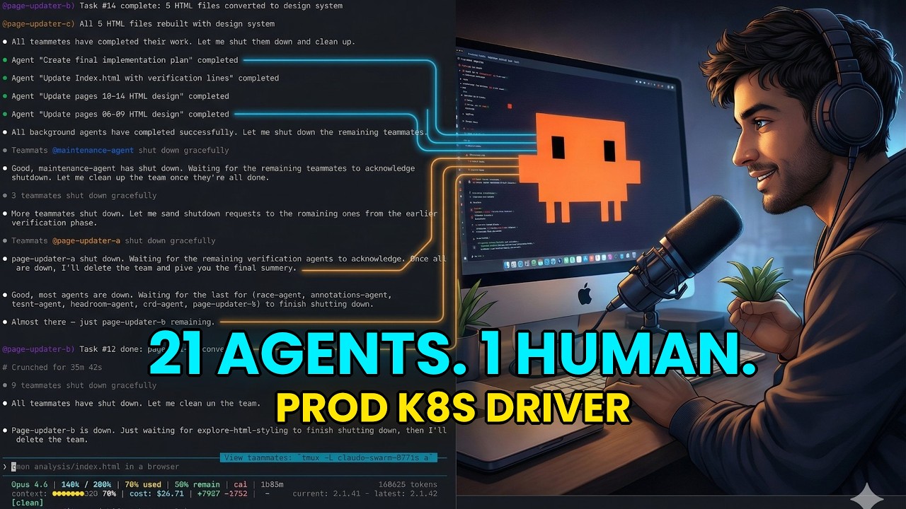 YouTube thumbnail for the companion video: '21 agents, 1 human, prod K8s driver' over a tmux split-pane showing teammates working in parallel.